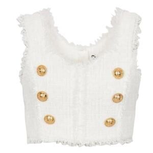 Balmain Paris button-embellished bouclé-tweed crop top $1398.00 New
